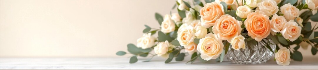 Naklejka premium Fresh Pink and Cream Roses Bouquet in a Crystal Vase on a Marble Tabletop. Generative AI