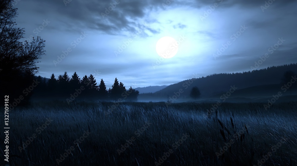 Aufkleber mysterious landscape under a full moon with silhouetted trees and a foggy field : generative ai