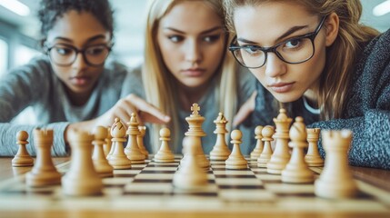 Focused Young Women Playing Chess Intensely