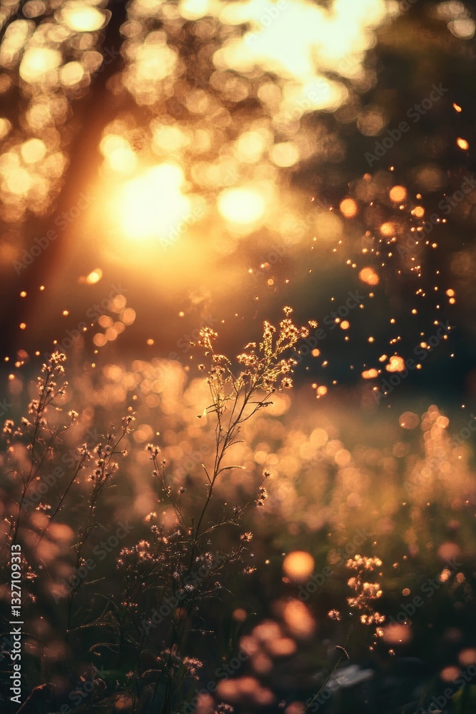 Poster a serene landscape featuring a field of flowers with the sun setting in the background