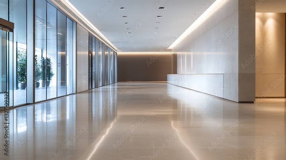 Poster modern interior design of a spacious lobby featuring sleek lines and bright lighting : generative ai