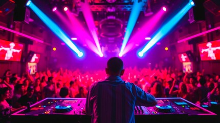 Obraz premium DJ at a lively nightclub event, playing music for a dancing crowd under vibrant neon lighting, creating a fun and energetic atmosphere.