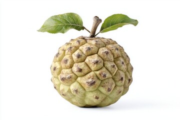 Fototapeta premium Studio shot of a fresh sugar apple with stem and two leaves against a white background creating a feeling of freshness