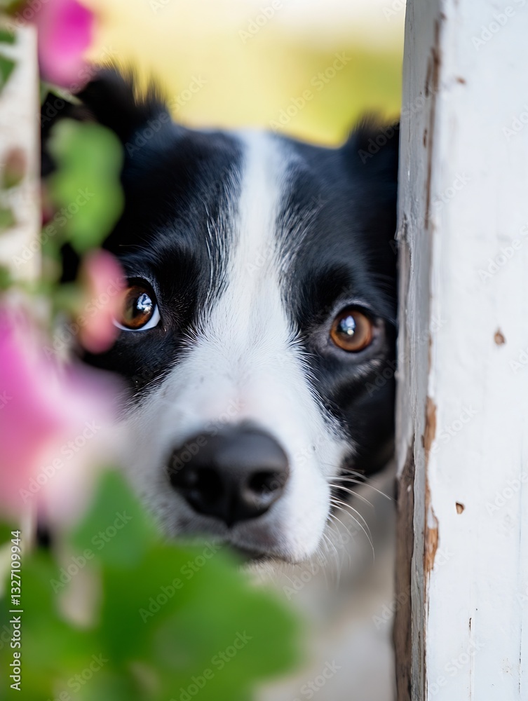 Poster close up of a curious black and white dog peeking through a flower adorned fence : generative ai