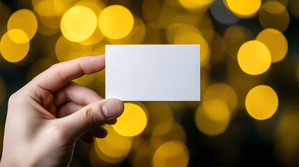 Hand Holding Blank Frosted Business Card with Rounded Edges against Blurred Golden Bokeh Background
