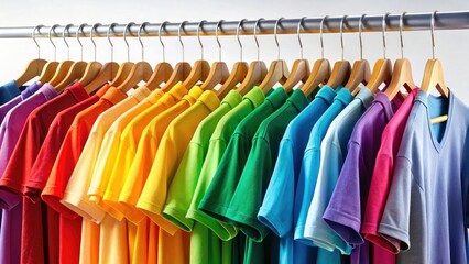 Fototapeta premium Colorful T-Shirt Rack, Rainbow Apparel, Studio Clothing Display, Clothing Rack PNG, Shirt Rack Background, Rainbow Shirts, Apparel Photography