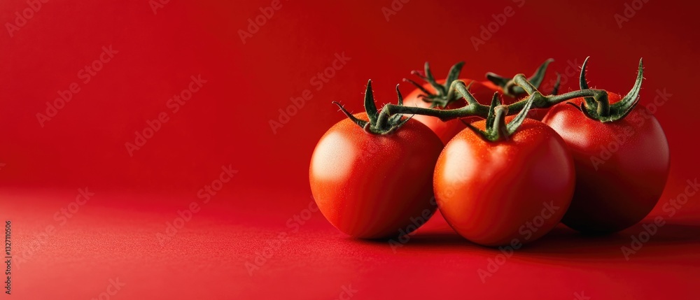 Poster A cluster of tomatoes sits atop a vibrant red surface, ready for use or display