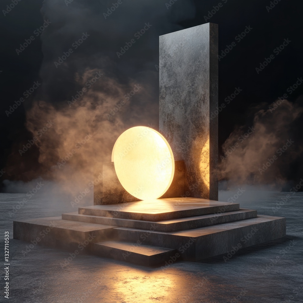 Leinwandbilder modern concrete installation with glowing orb on platform creating atmosphere of mystery and wonder