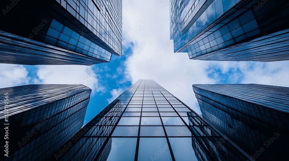 Aufkleber imposing skyscrapers reaching for the sky surrounded by clouds creating a stunning urban skyline vie