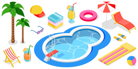 Pool lounger chairs sunbeds, palms, towels, rubber toys 3d isometric design elements. Vector hotel resort aquapark icons