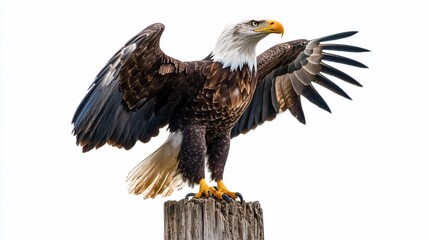 Obraz premium Majestic Bald Eagle Landing on Post, Wings Spread, White Background, Wildlife Photography