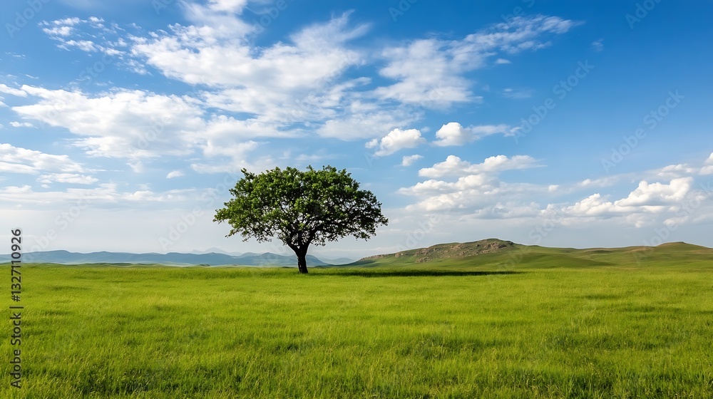 Aufkleber Lone tree standing in open green field under bright blue sky with scattered clouds on a sunny day : Generative AI