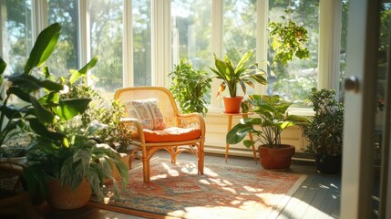 Obraz premium Light-filled sunroom with tropical plants and a cozy reading chair, creating a peaceful atmosphere.