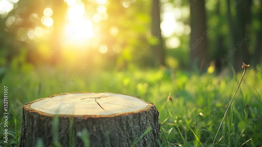 Poster sunlight streaming through trees illuminating a freshly cut tree stump surrounded by lush green gras