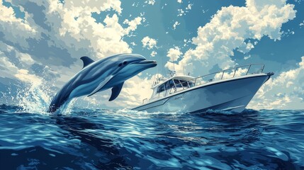 Fototapeta premium A Dolphin Leaping Out of the Water Next to a Boat in a Beautiful Ocean Scene. Generative AI