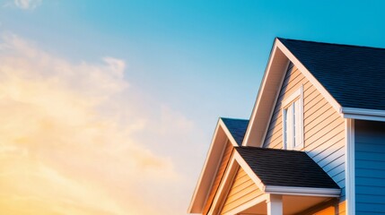 a house with a blue roof and a white trim on it with a blue sky in the background