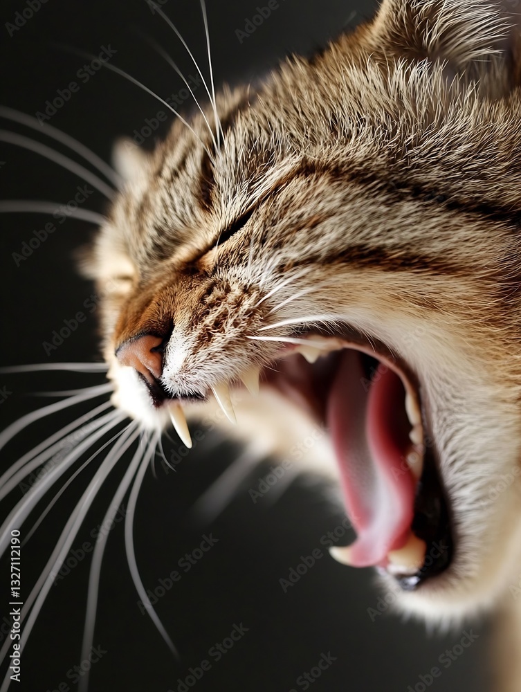 Aufkleber A domestic cat yawning widely with intense features highlighted against a dark background : Generative AI