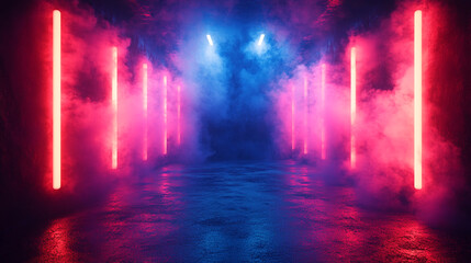 Neon-Lit Corridor with Pink and Blue Fog. ai generated