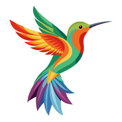 A vibrantly colored hummingbird in flight, depicted in a stylized clipart on white © Sanzida