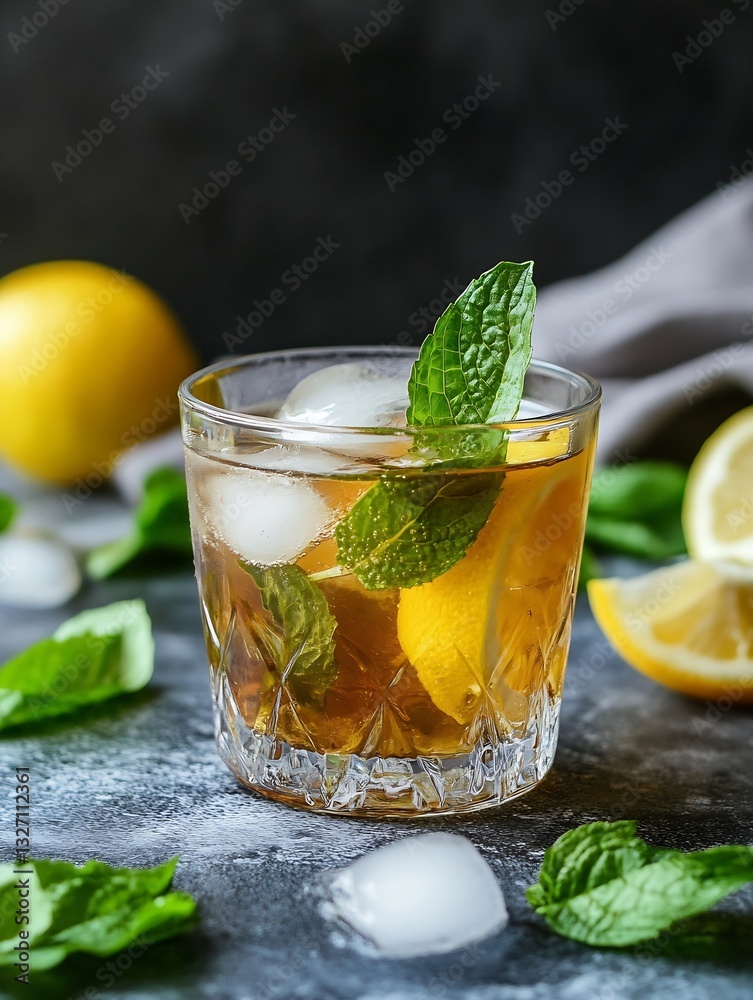 Poster refreshing cocktail with ice and mint leaves garnished with lemon slices captured in vibrant light :