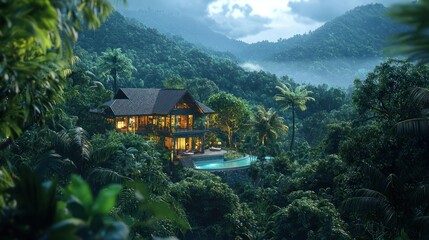 Fototapeta premium Luxury Villa nestled in Lush Tropical Rainforest, Evening Ambiance