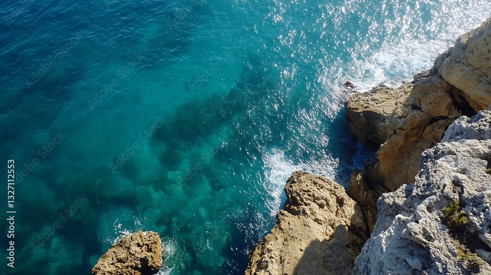 Poster aerial view of rocky coastline with turquoise waters and gentle waves crashing : generative ai