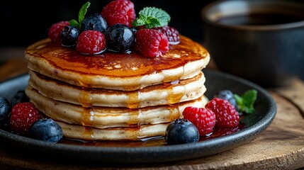 Stacked Pancakes with Berries & Honey