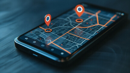 Navigation and Technology: Close-up of a smartphone displaying a detailed map with GPS location markers, symbolizing direction and connectivity.