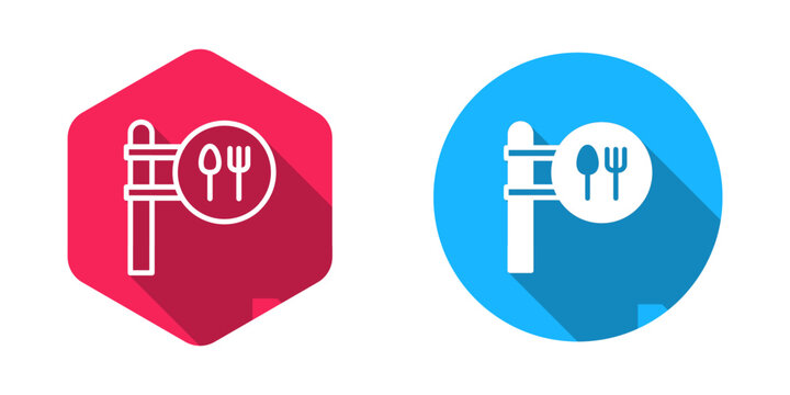 Filled and outline Cafe and restaurant location icon isolated with long shadow background. Fork and spoon eatery sign inside pinpoint. Vector.