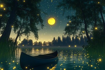 A magical 3D lakeside setting at night, a canoe resting quietly in the glowing water, fireflies dotting the air, with the towering trees framing a clear sky dominated by a luminous yellow moon 