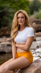 Obraz premium A young woman with long blonde hair sits on a rock by a stream, wearing a white crop top and mustard-yellow shorts. Serene outdoor portrait.