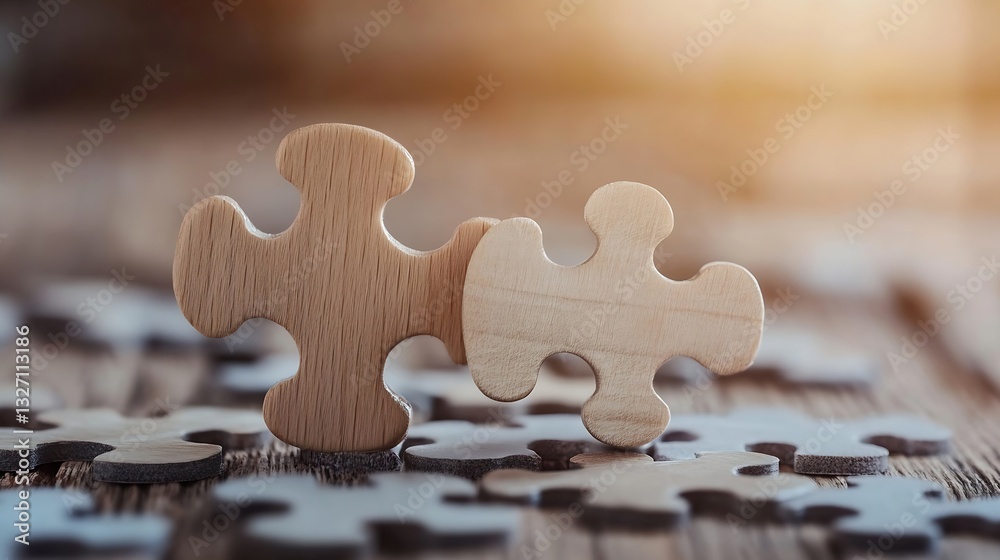 Aufkleber Wooden puzzle pieces lying on a rustic surface with two pieces connecting to symbolize teamwork and collaboration : Generative AI