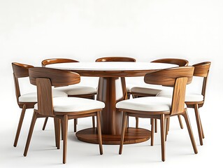 A set of dining tables and chairs in different styles, set against a white background. 3D rendering