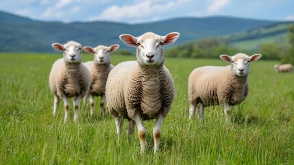 Obraz premium A group of four fluffy sheep grazing peacefully in a green meadow under a bright blue sky : Generative AI
