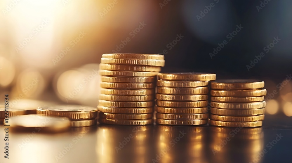 Aufkleber closeup view of a stack of gold coins reflecting the warm light of a cozy room : generative ai