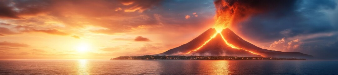 Naklejka premium Explosive volcanic eruption at twilight with fiery lava flowing towards the coast. Generative AI