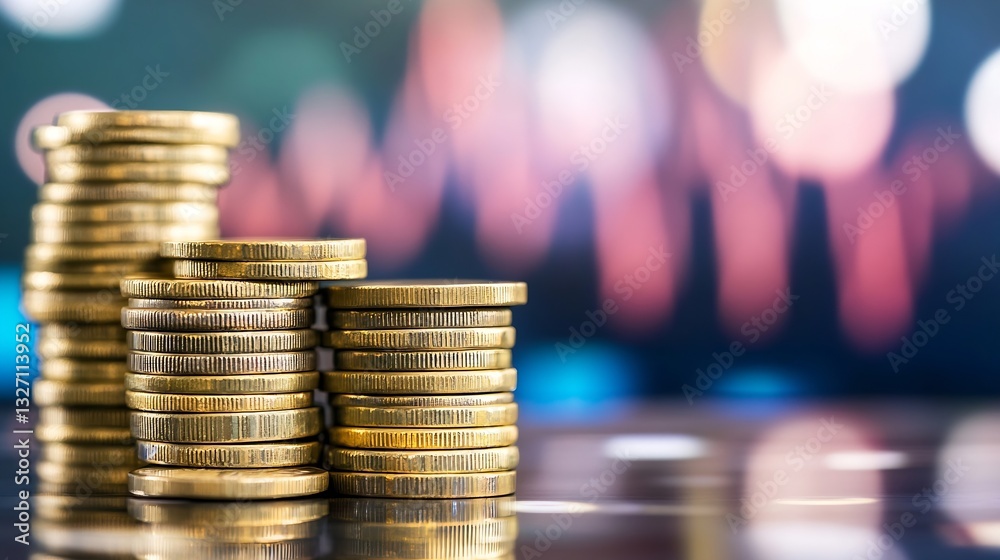 Aufkleber stacked piles of golden coins with a blurred background representing financial growth and investment