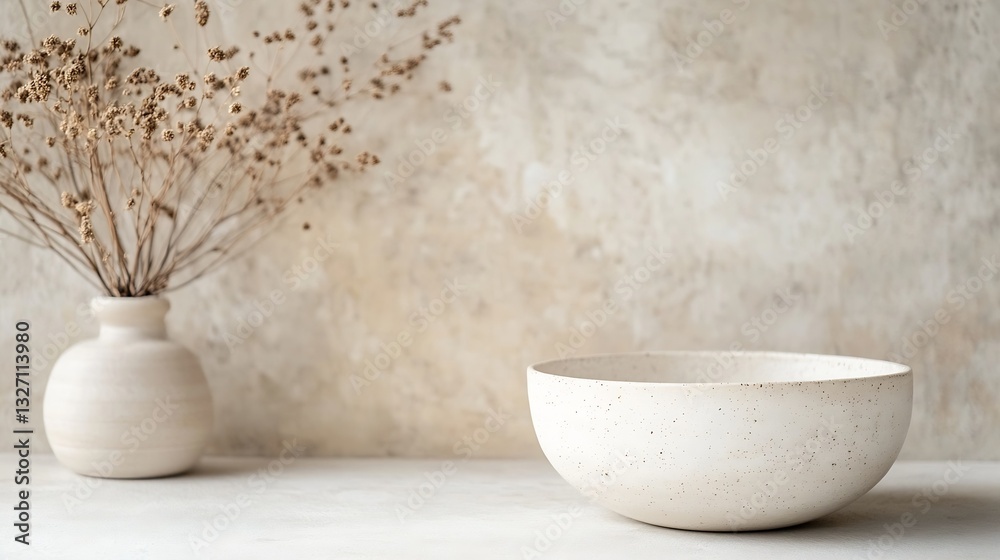 Poster elegant minimalist bowl on a textured surface with dried flowers in a vase creating a serene aesthet