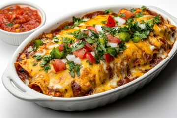 Mouthwatering enchiladas dish baked with melted cheddar cheese and colorful vegetables served in white tableware