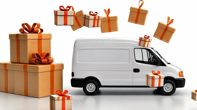 A delivery van gets ready for the upcoming holiday season, surrounded by a cheerful ambiance filled with festive gift boxes