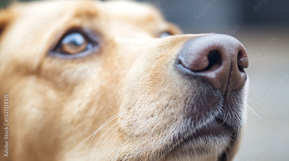 Poster A closeup shot capturing the expressive face of a golden retriever dog with a soft focus background : Generative AI