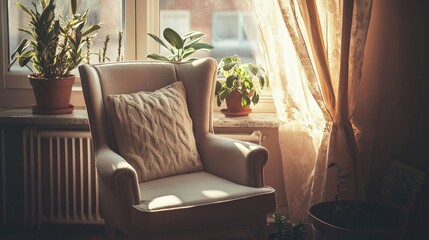 Fototapeta premium Scandinavian-inspired home decor with a neutral-toned armchair and lush houseplants by a bright window. -