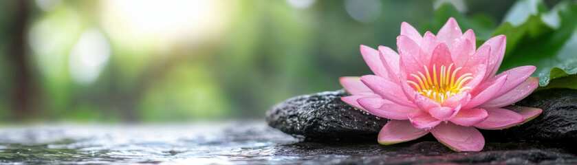 beautiful pink lotus flower resting on stone in serene water setting