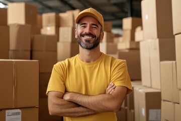 delivery of goods or moving realistic photo
delivery of goods. man in yellow T-shirt and baseball cap in warehouse smiles and stands against a background of cardboard boxes. male delivery guy. service