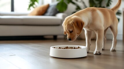 Cute Labrador Retriever Puppy Eating Dog Food from White Plastic Bowl on Floor at Home