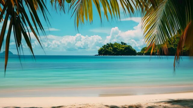Imagine a tranquil tropical beach with swaying palm trees, a calm turquoise sea, and soft white sand, creating a perfect atmosphere for deep relaxation and an unforgettable escape from daily life