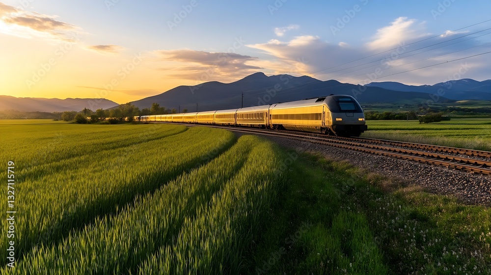 Poster scenic train journey through lush green fields and mountains during a vibrant sunset : generative ai