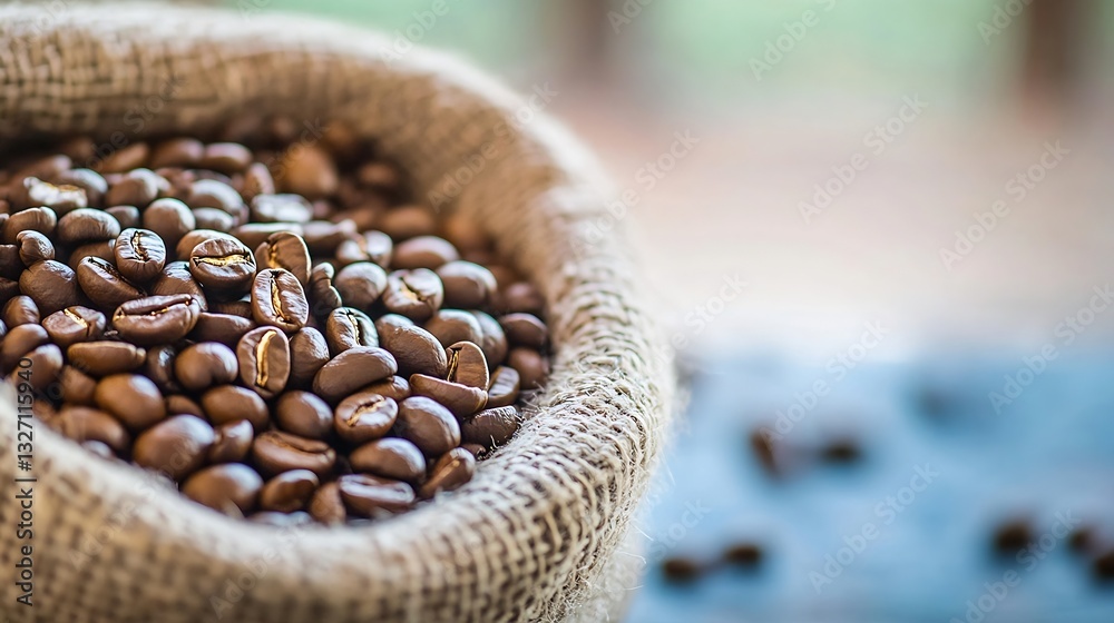 Poster Closeup of fresh coffee beans in a rustic burlap sack creating a warm and inviting atmosphere : Generative AI