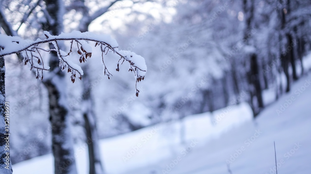 Aufkleber snowy landscape with frozen branches creating a serene winter wonderland scene : generative ai