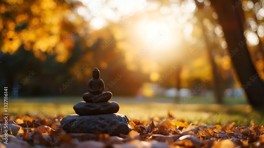 Poster serene buddhist statue surrounded by fallen leaves emanating tranquility in autumn park : generative